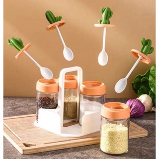Hũ đưng gia vị thủy tinh xương rồng lọ gia vị dung tích 240ml có thìa nắp + kệ cao cấp [combo 4 lọ]