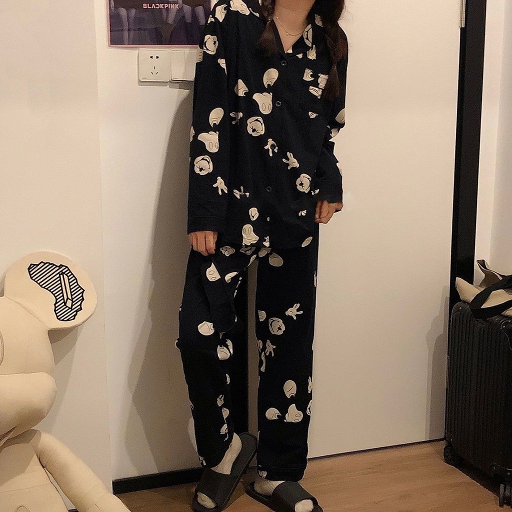 Bộ đồ ngủ tay dài dáng rộng màu đen phong cách Nhật Hàn thời trang thu đông cho nữ | BigBuy360 - bigbuy360.vn