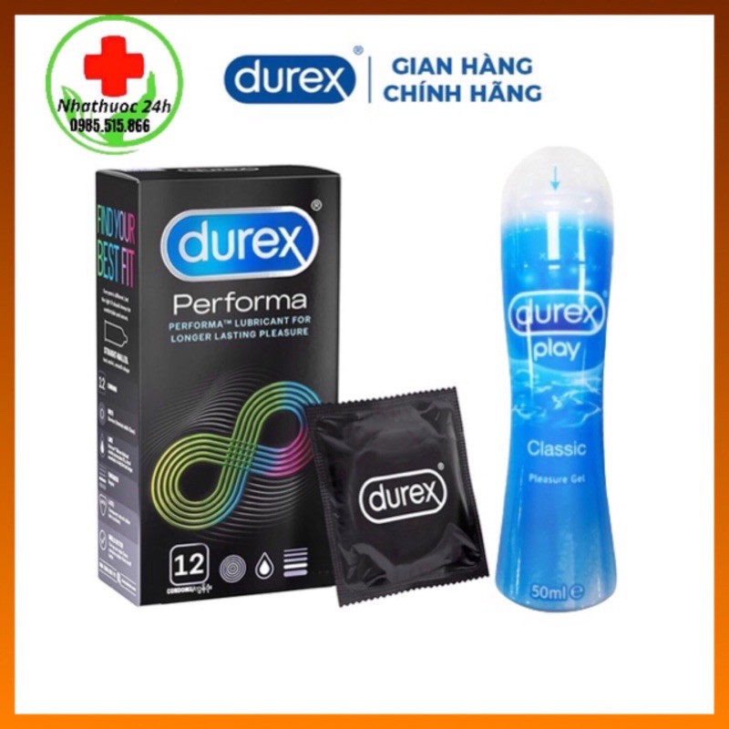 Bao cao su Durex Performa Chống Xuất Tinh Sớm (Hộp 12 Bao) + Gel Bôi Trơn Durex Play 50ml. Hàng Chính Hãng