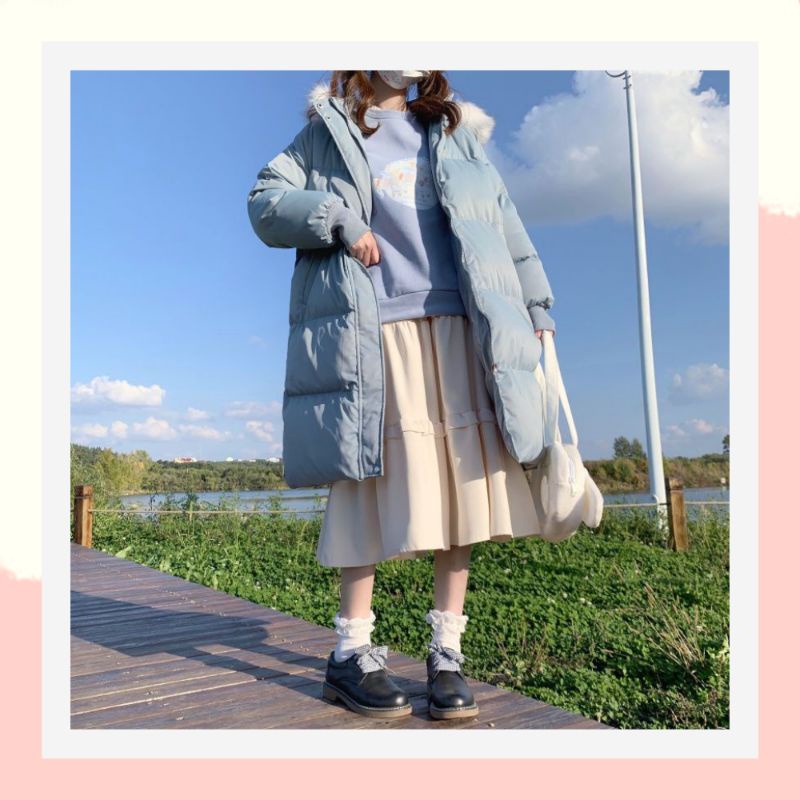 Chân váy xòe 2 tầng midi dáng dài hàn quốc,chân váy dài cho người lùn phòng cách hàn quốc màu be 01