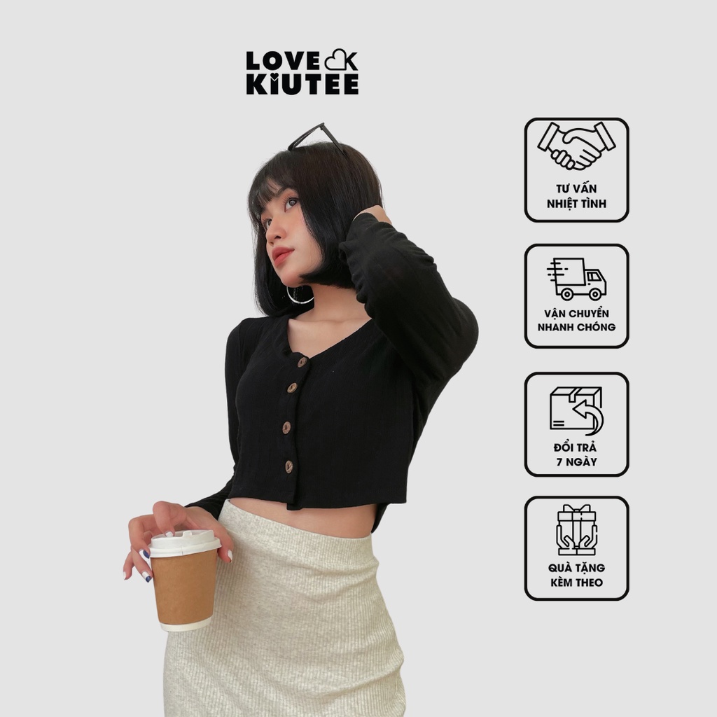 Áo ngắn tay dài nút gỗ Button Front Croptop vải co dãn LOVEKIUTEE
