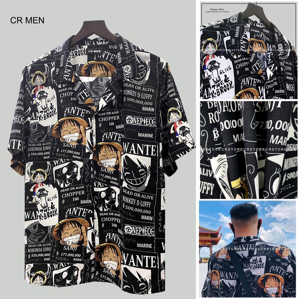 Áo Sơ Mi Tay Lỡ Cổ Vest CR MEN  Mnkey D. Luffy ONE-PIECE form rộng unisex nam nữ vải lụa đen vàng trắng