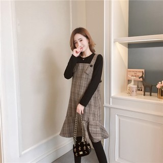 Đầm Bầu Thu Đông: Sét Váy Yếm Dạ Đuôi Cá Kẻ Caro - Kèm Áo Len Đen Cổ 3 Phân