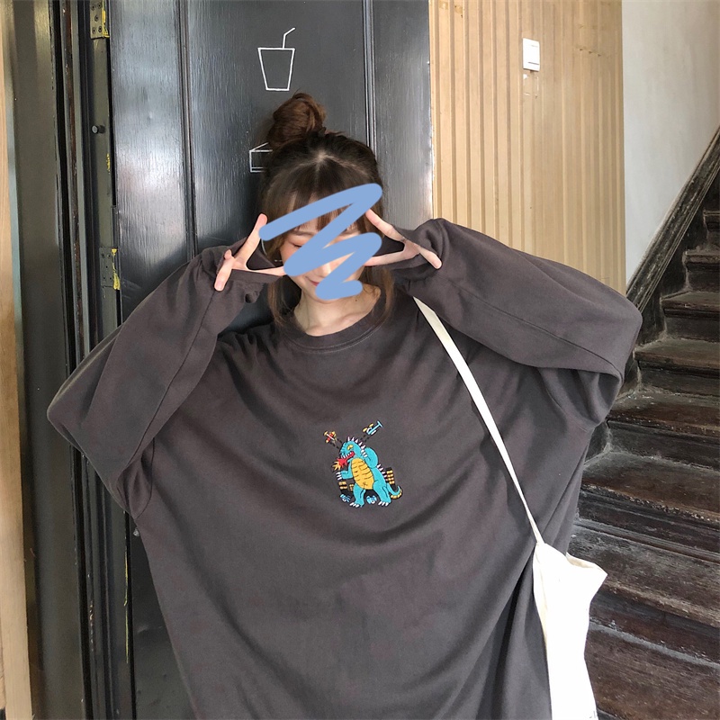 【ZHELIHANGFEI】Áo Thun Sweater Cổ Tròn Tay Dài Dáng Rộng In Họa Tiết Xinh Xắn