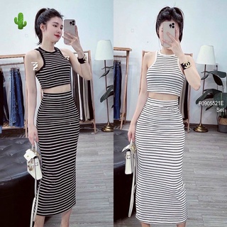 Set áo ba lỗ croptop sọc ngang phối viền kèm chân váy ôm body dáng dài kẻ sọc chất thun gân