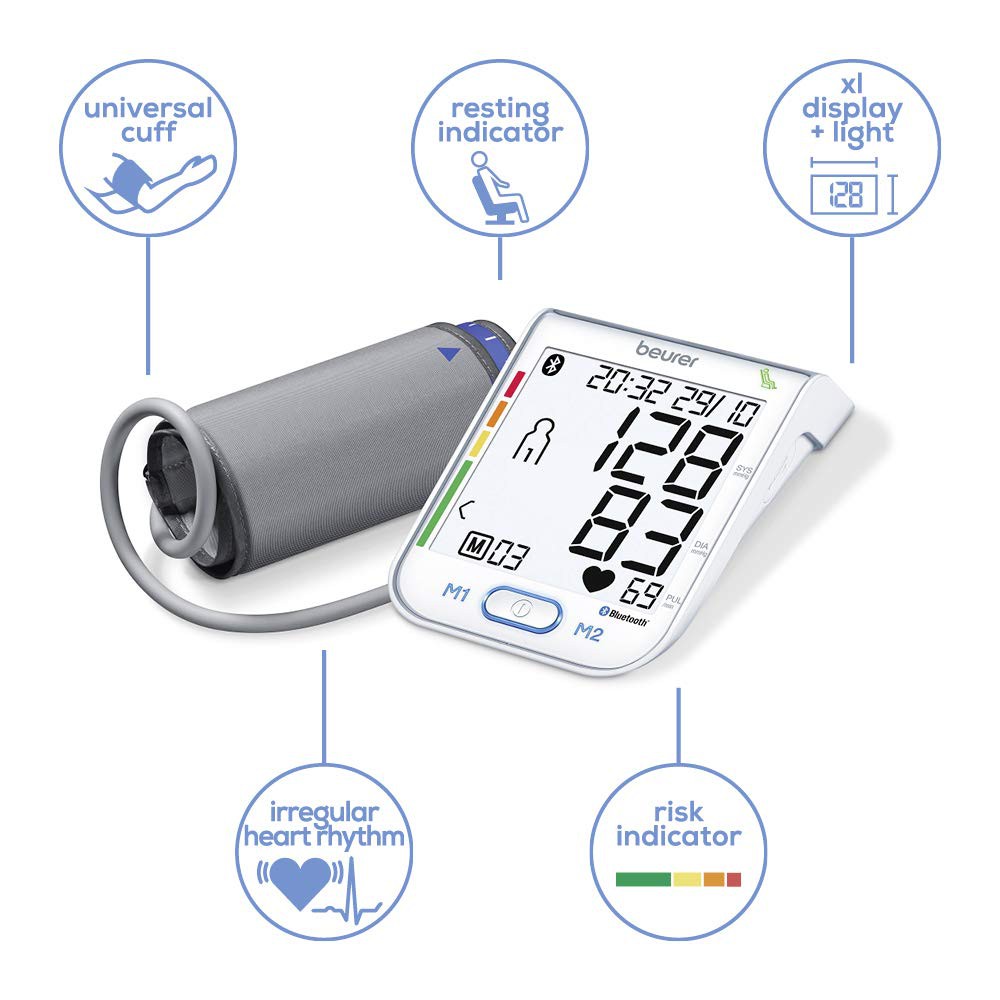 Máy đo huyết áp bắp tay Bluetooth Beurer BM77 cảnh báo rối loạn nhịp tim sử dụng 4 pin- BH 2 năm