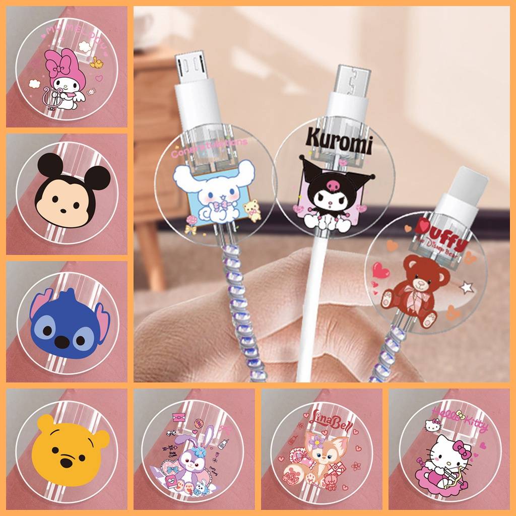 Vỏ TPU Mềm Trong Suốt Bảo Vệ Dây Cáp Sạc USB Hình Tròn Hello Kitty Mickey Mouse Kuromi Cho Android