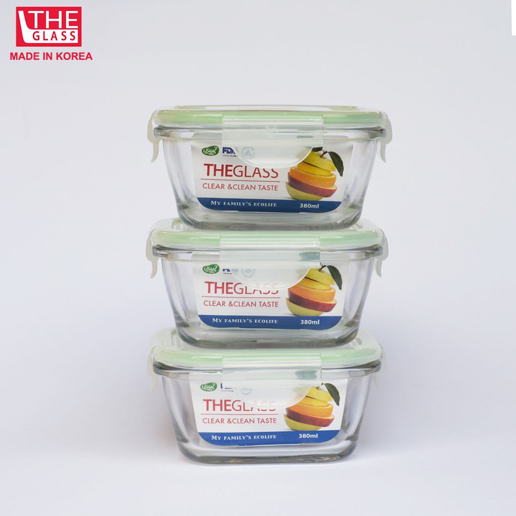 Bộ 3 hộp đựng, bảo quản thực phẩm thủy tinh vuông 380ml P739 The Glass sản xuất tại Hàn Quốc