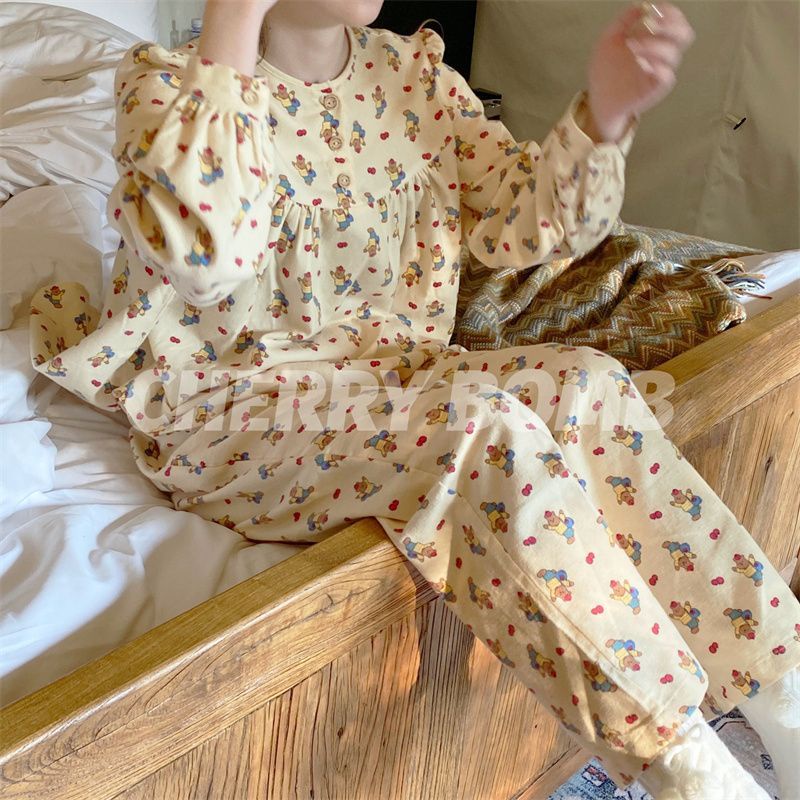 Bộ Đồ Ngủ Tay Dài In Hình Gấu Hoạt Hình Phong Cách Hàn Quốc Dành Cho Nữ