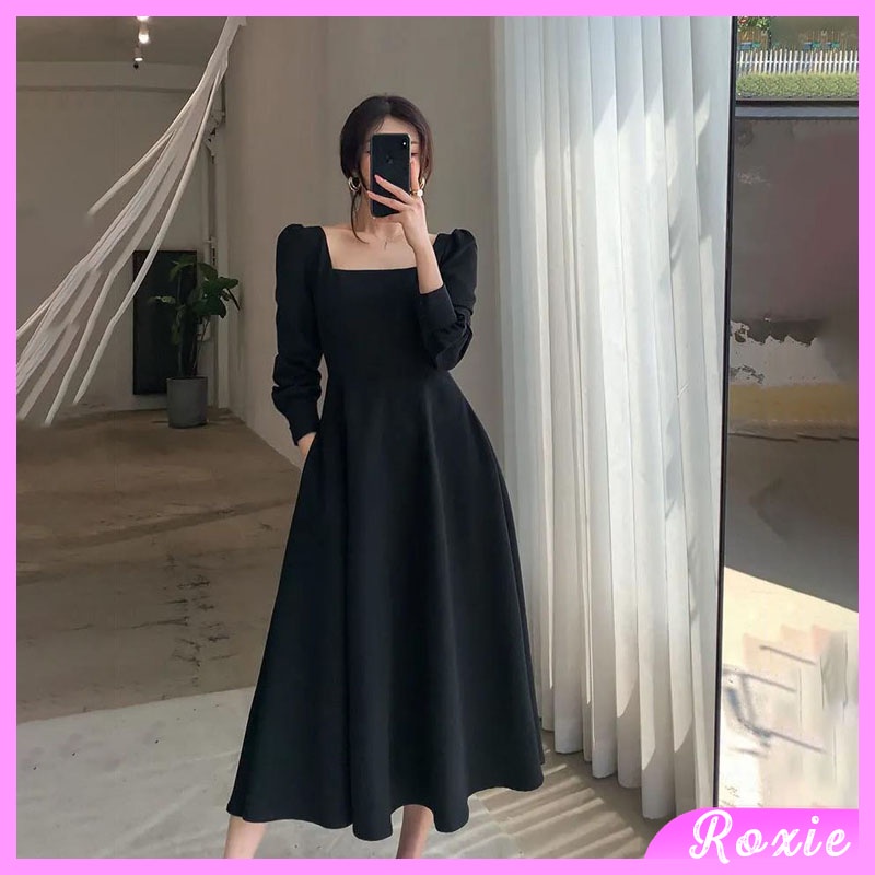 Váy dài nữ dáng suông vintage Hàn Quốc, Đầm vitange dáng suông tay dài ulzzang - Roxie