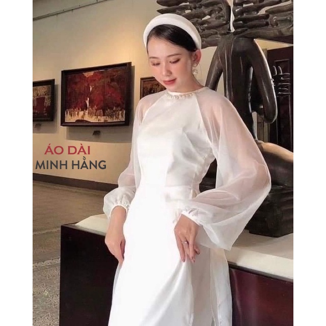 Áo Dài Cách Tân Cổ Yếm Đính Hạt Trai Tay Bồng Cách Điệu - Voan Tơ 4 Tà Lót Lụa_Áo Dài Minh Hằng