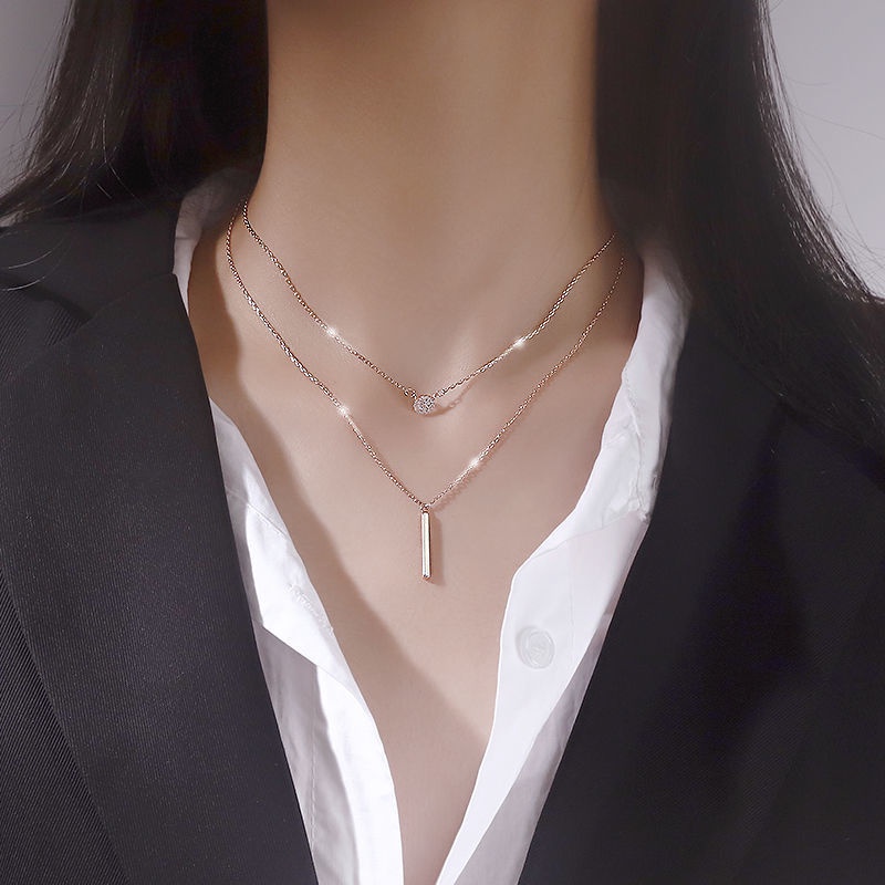 Vòng cổ nữ hai lớp bằng kim loại phối mặt hình vuông màu bạc/vàng kim thời trang