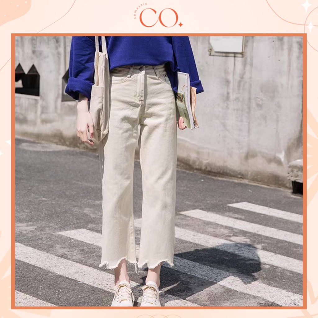 Quần jean dài cạp cao, quần jean ống đứng tua gấu phong cách_j18