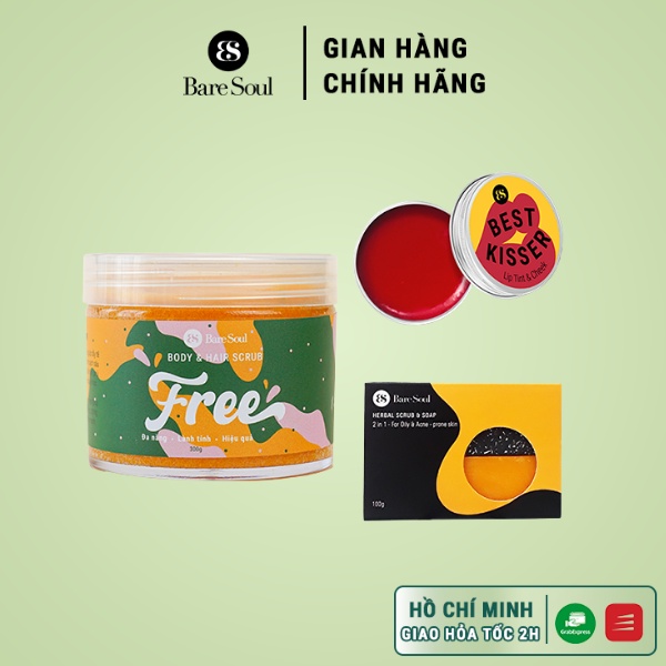 Combo Muối tắm gội BareSoul Free Body &amp; Hair Scrub 300g + Bánh xà phòng 100g + Son dưỡng Lip Tint &amp; Cheek 10