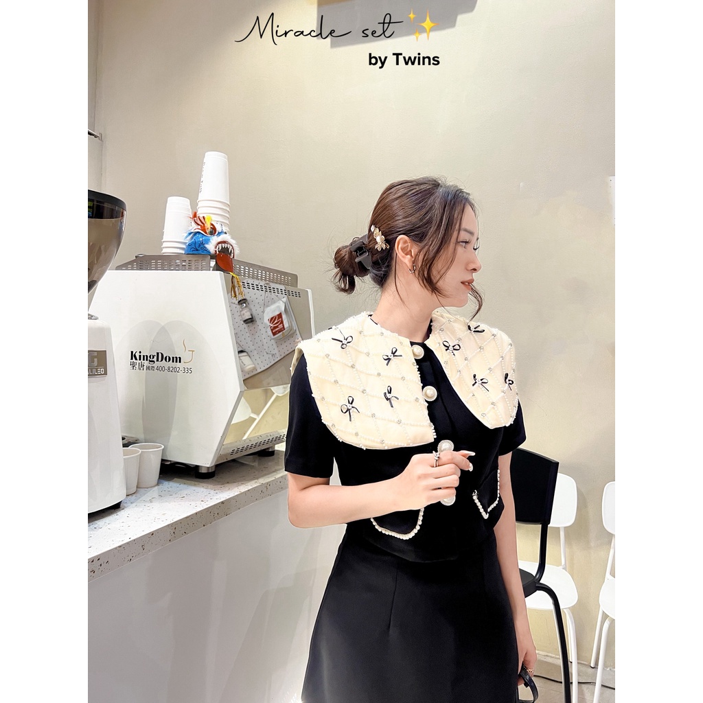 Set đồ nữ Áo cổ nơ ngọc + chân váy suông (Miracle set) by Twins MÀU ĐEN