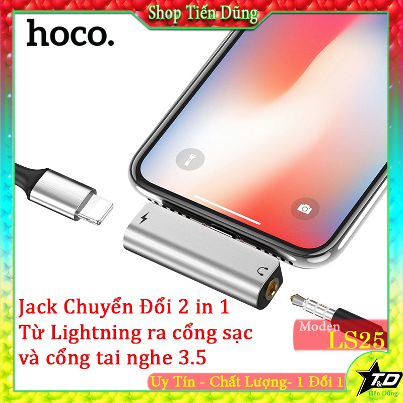 Jack chuyển đổi Hoco LS25 chính hãng - Bộ chuyển đổi âm thanh 2 in 1 Lightnng sang cổng sạc cổng tai nghe 3.5