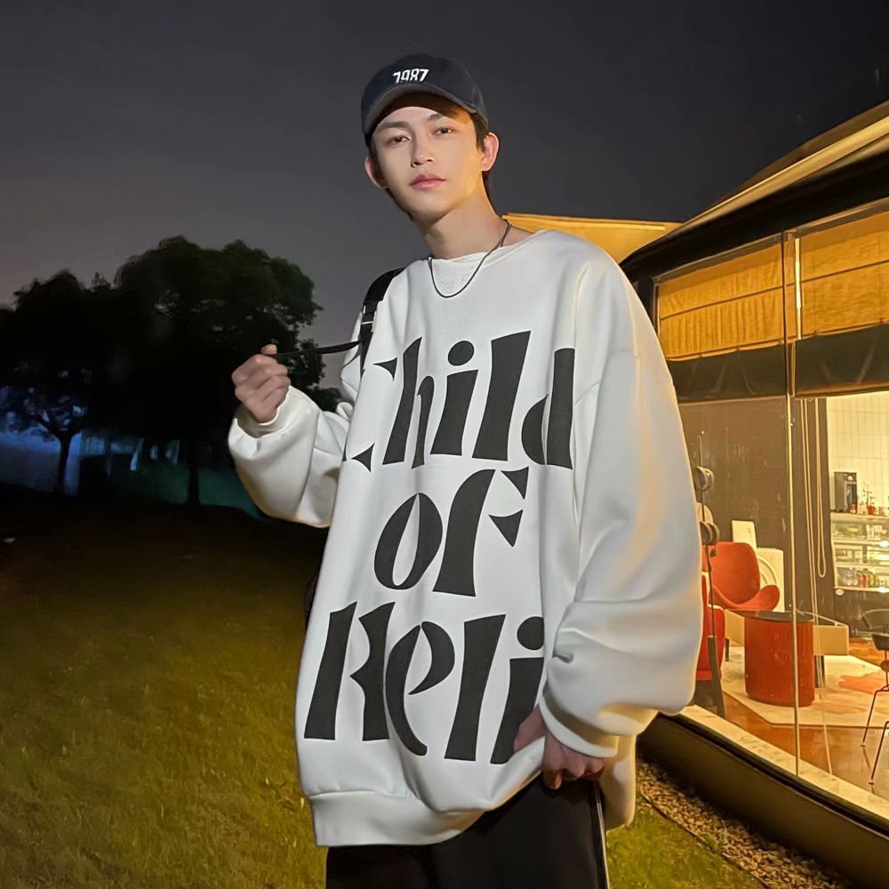Áo sweater cổ tròn cỡ lớn phong cách Hồng Kông thời trang cá tính cho nam size M-8XL