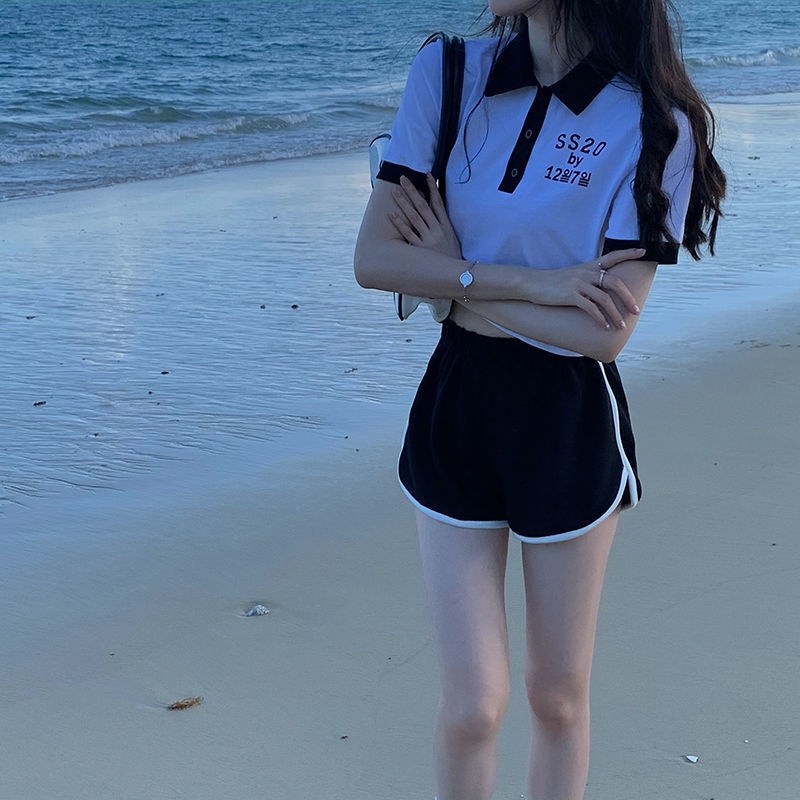Set Áo polo Ngắn Tay Cổ Bẻ + Quần Short Lưng Cao Thời Trang Mùa Hè Cho Nữ
