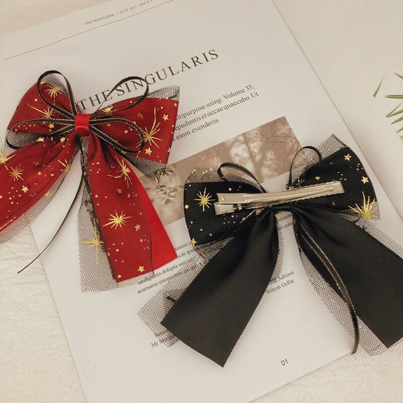 Kẹp tóc nơ lưới hoa tuyết ĐỎ ĐEN ngôi sao rực rỡ đáng yêu K71