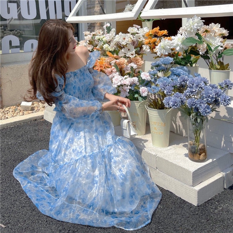 Váy trễ vai  voan hoa nhí dáng dài Ulzzang