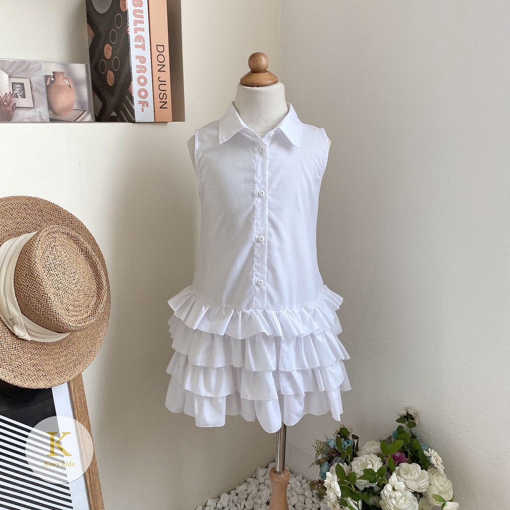 Váy sơ mi bé gái KIWY KIDS sát nách dáng xòe 4 tầng tiểu thư Kidsh2157 cho bé từ 5 đến 11 tuổi
