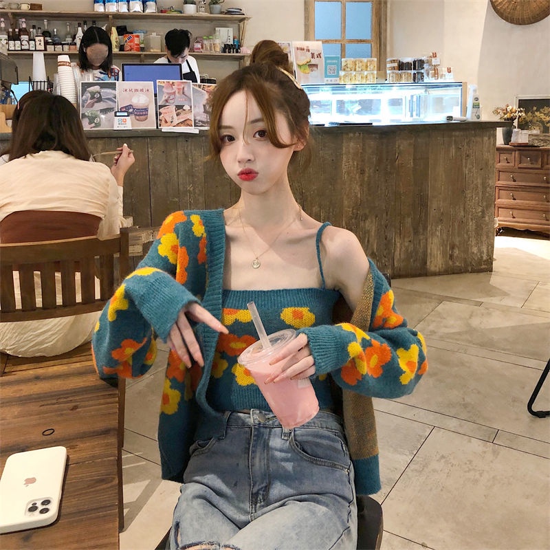 Áo khoác cardigan dệt kim dáng ôm in hoa thời trang xuân thu