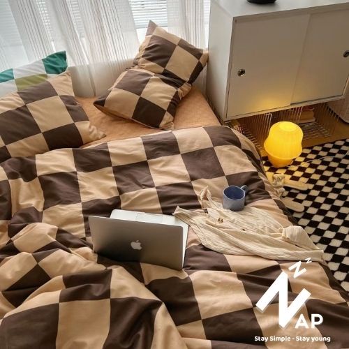 Bộ 4 Món Vỏ Chăn Ga Gối Cotton 100% Living Caro Nâu Phong Cách Hàn Quốc Vintage Sang Xịn Mịn Napbedding