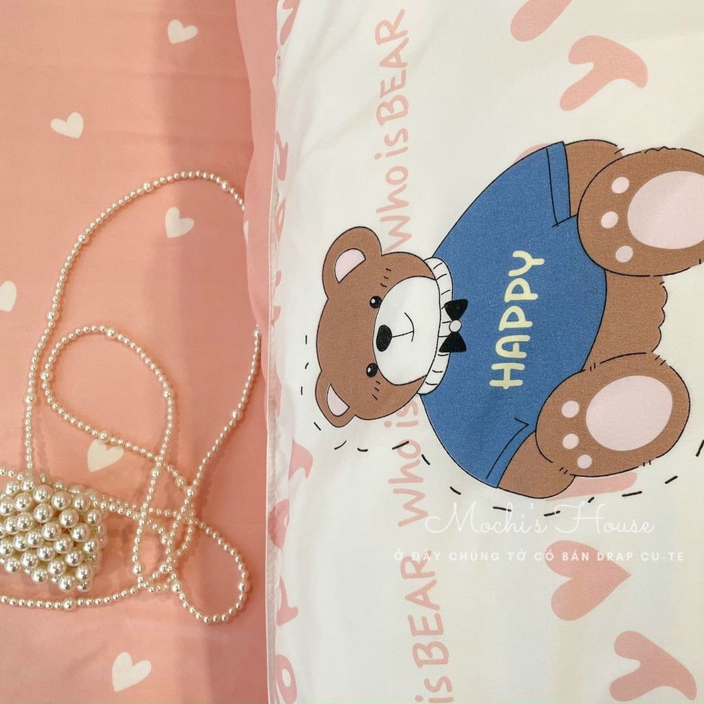 BỘ CHĂN GA GỐI POLY COTON CHÚ GẤU HAPPY SIÊU XINH DRAP GIƯỜNG