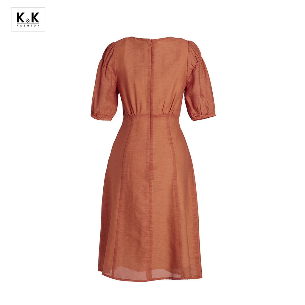 Đầm Chữ A Nhấn Eo Cao Cổ V K&K Fashion KK106-21 Màu Cam Vải Voan Mềm Mại | BigBuy360 - bigbuy360.vn