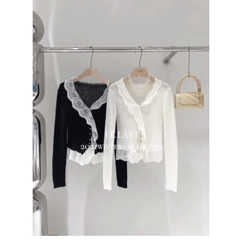 Áo Sweater Dệt Kim Mỏng Tay Dài Phối Ren Phong Cách Pháp Thời Trang Mùa Đông Mới Cho Nữ