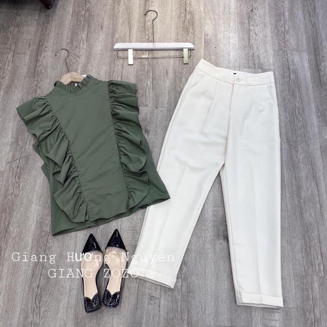 kèm ảnh thật - Áo vai bèo trắng rêu