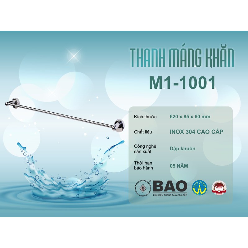 Thanh máng khăn BAO Inox 304 trắng bạc M1-1001 gọn nhẹ, chống ăn mòn