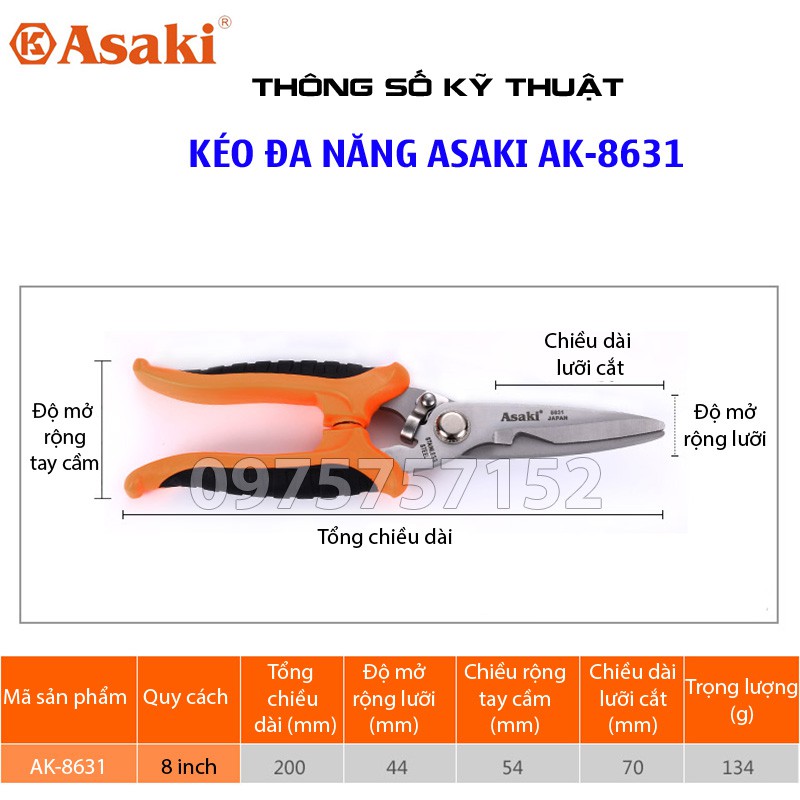 Kéo đa năng lưỡi Inox mũi thẳng Asaki JAPAN, kéo cắt lon, cắt giấy bìa dây, tuốt vỏ dây điện, cắt nhựa, tỉa cành cây