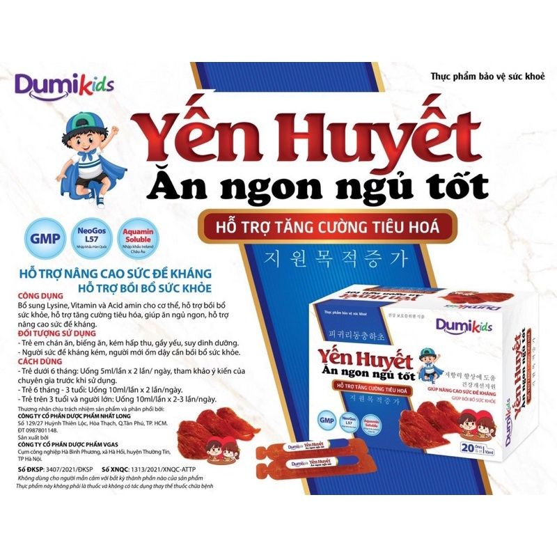 Dumikids Yến Huyết Ăn Ngon Ngủ Tốt hộp 20 ống dùng được cho trẻ từ sơ sinh