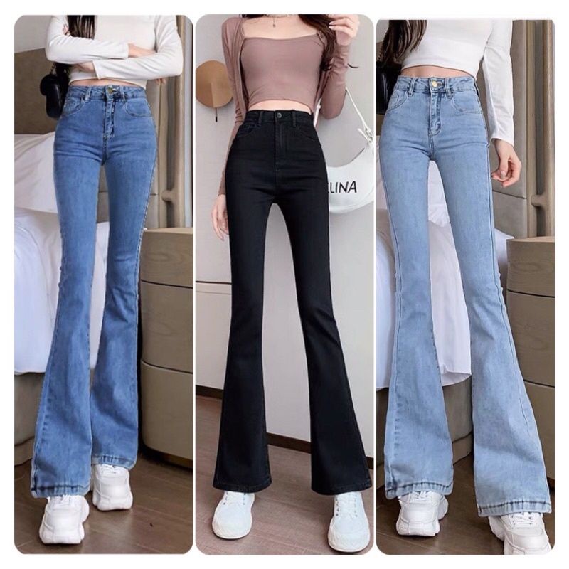 Quần bò jeans nữ ống loe đứng rộng xuông co dãn jeans cạp cao cấp