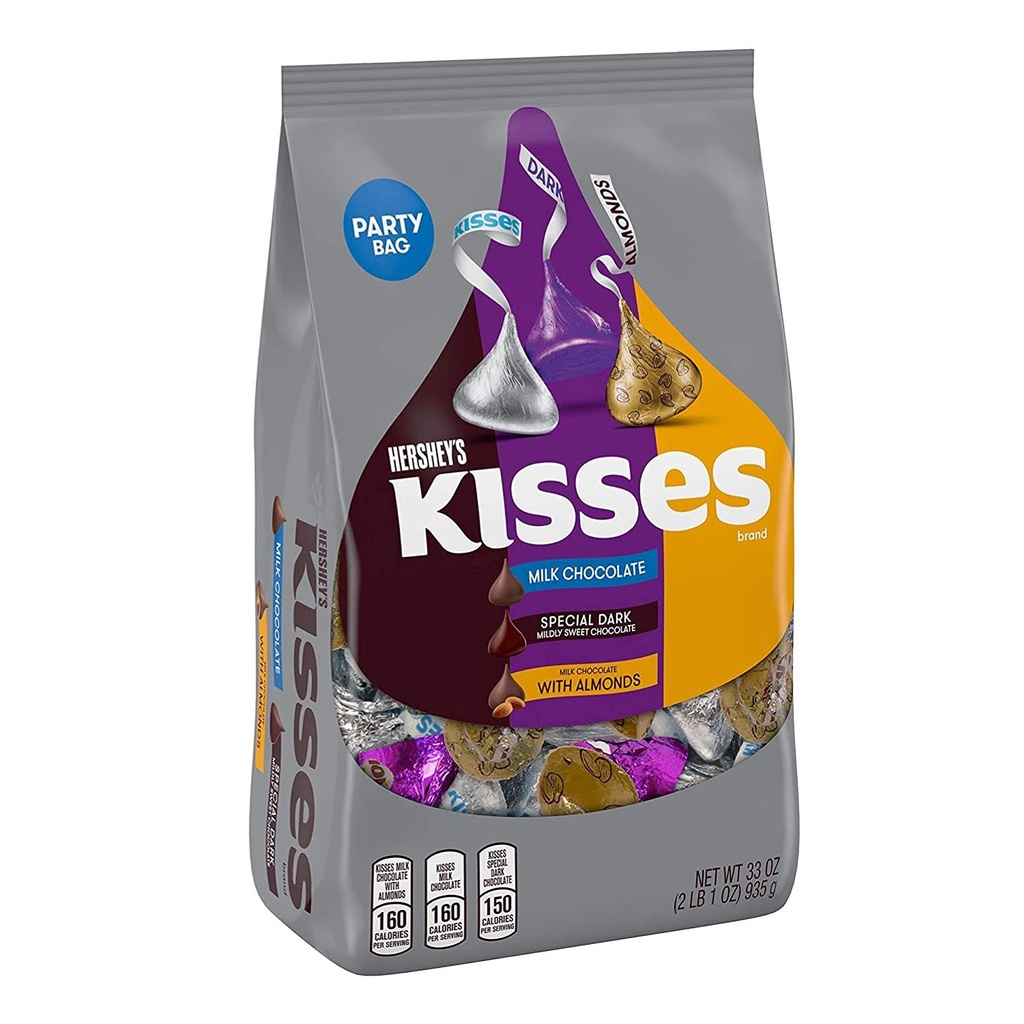 TÚI 935g MIX 3 LOẠI SOCOLA HERSHEY'S KISSES Assorted Chocolate Candy, 33oz (socola sữa, đen và socola sữa hạnh nhân)