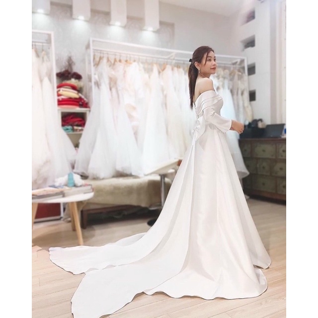 ĐẦM CƯỚI BẸT VAI TAY DÀI NƠ LƯNG ĐÍNH NƠ LƯNG FULL SIZE :S/M/L/XL ( ẢNH VÀ VIDEO CHỦ SHOP TỰ QUAY 10000%)