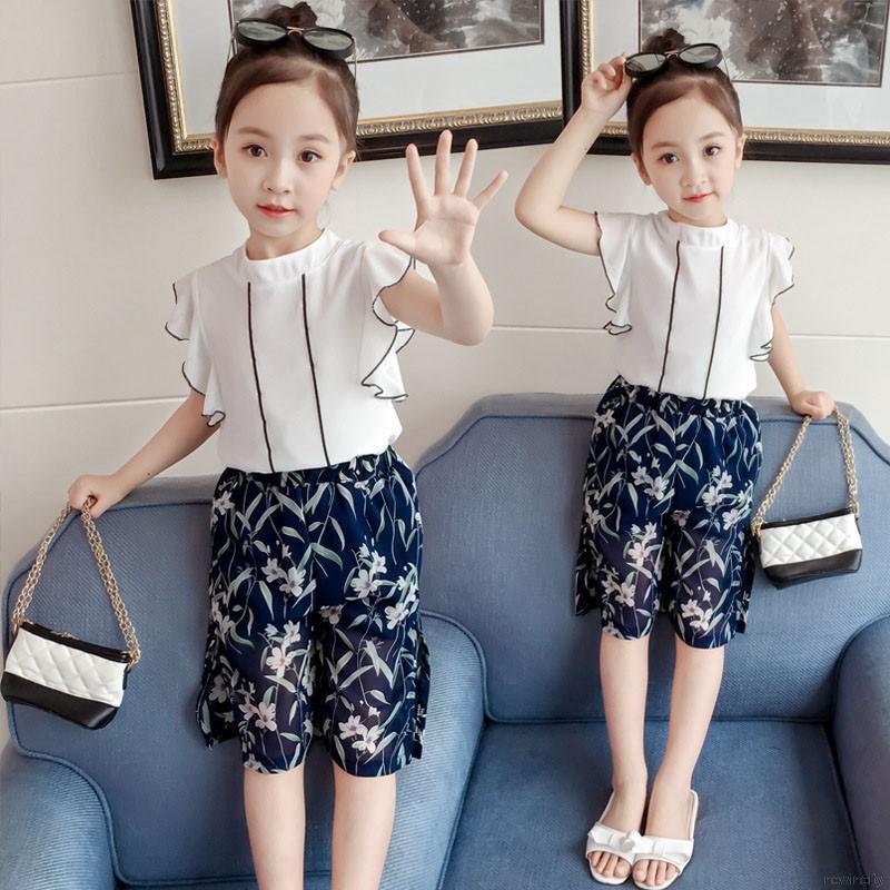 Set áo voan sát nách phối quần ống rộng họa tiết hoa xinh xắn dành cho bé gái