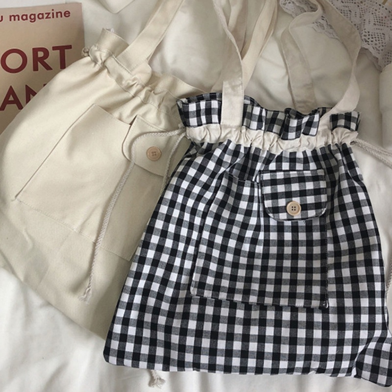 Túi Tote Đeo Vai Bằng Vải Bạt Sọc Caro Sức Chứa Lớn Có Dây Rút