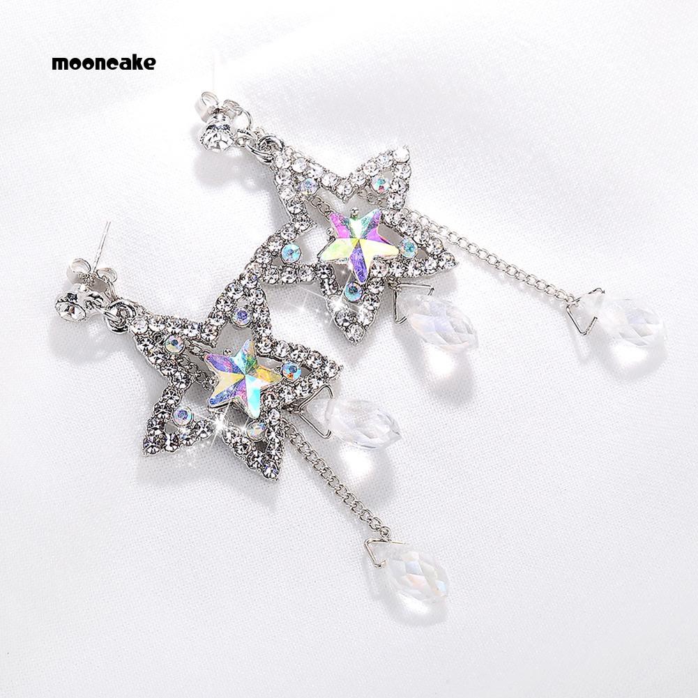Đôi khuyên tai hợp kim dáng dài kích thước 3cm x 7cm trang trí hình sao năm cánh đính đá xinh xắn cho cô dâu