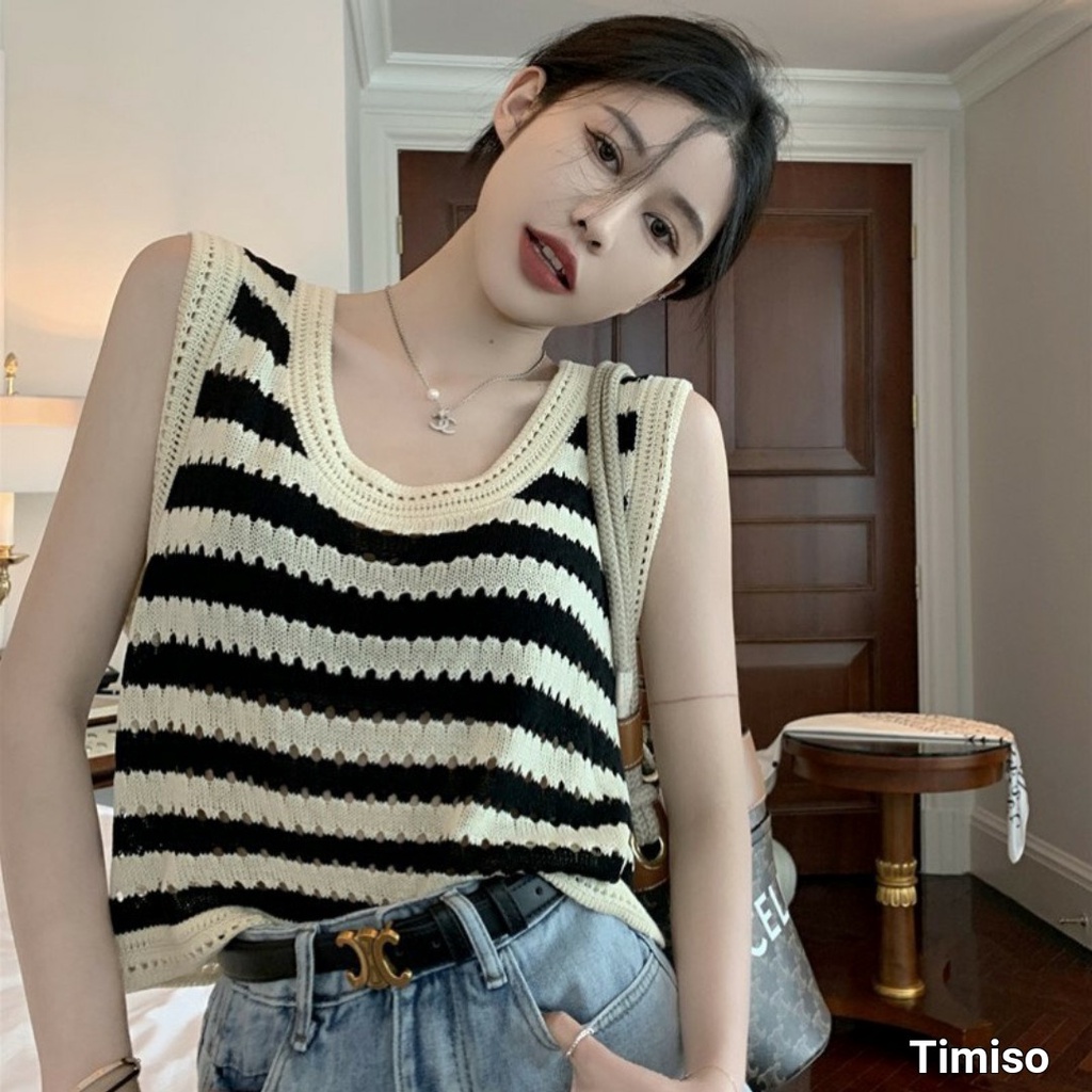 Áo Len Nữ Thời Trang Cổ Tròn Mỏng Ba Lỗ Croptop cá tính dễ phối đồ AN6643