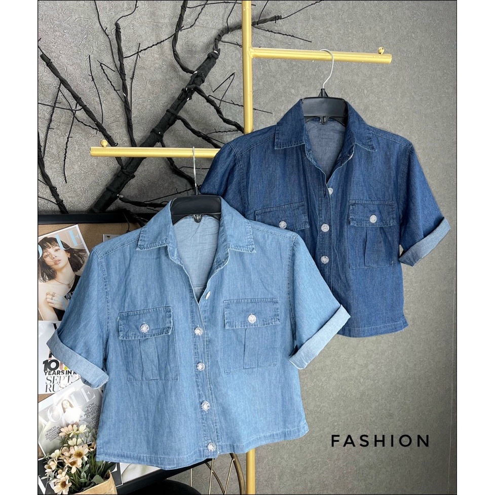 Áo sơ mi jean nữ croptop 2 túi hộp tay ngắn xăn lai baggic Hàn Quốc