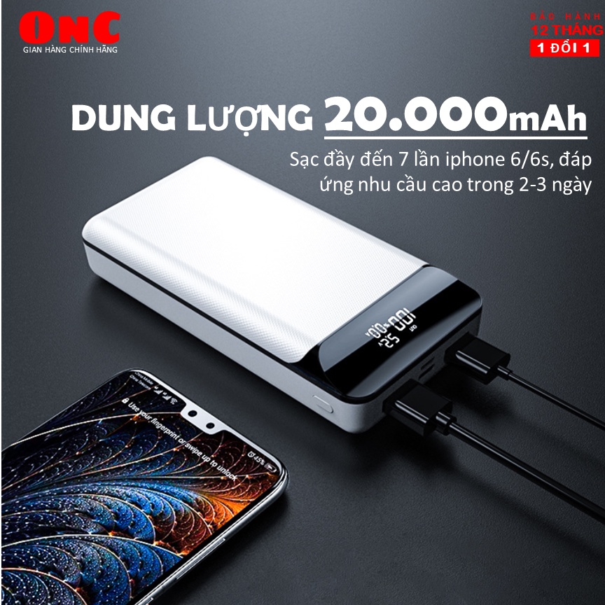 Sạc dự phòng 20000mAh, Sạc nhanh gấp 3 lần sạc thường PD - QC 3.0 18W  Hiển thị %Pin