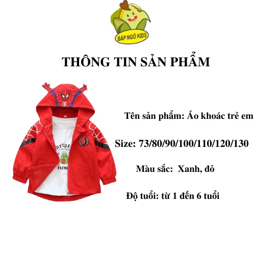 Áo khoác trẻ em, áo gió người nhện cho bé trai chống gió giữ ấm mùa đông Cuội Store size từ 8 đến 20kg