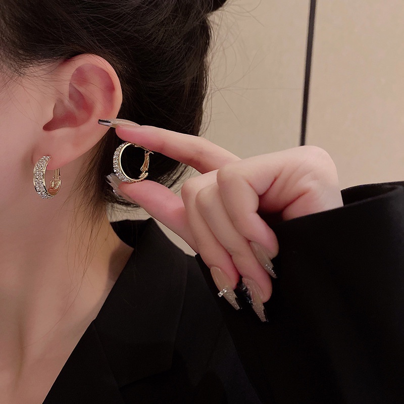 Bông Tai Hình Chữ C Đính Đá Toàn Diện Phong Cách Âu Mỹ Cổ Điển Thời Trang Cho Nữ