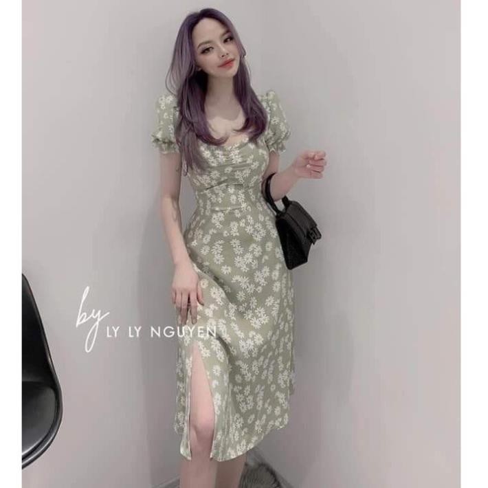 Váy đầm nữ dự tiệc dáng xòe hoa cúc họa mi tay con nhún trước ngực chất lụa hoa cao cấp mềm mại, mặc tôn dáng ྇ ་