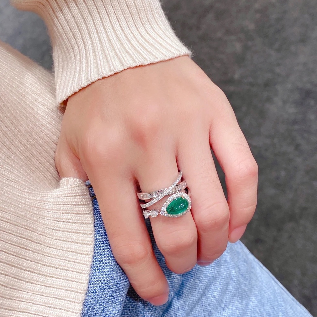 Nhẫn hở đính ngọc lục bảo sáng lấp lánh không phai màu có thể điều chỉnh dễ phối đồ cao cấp cho nữ