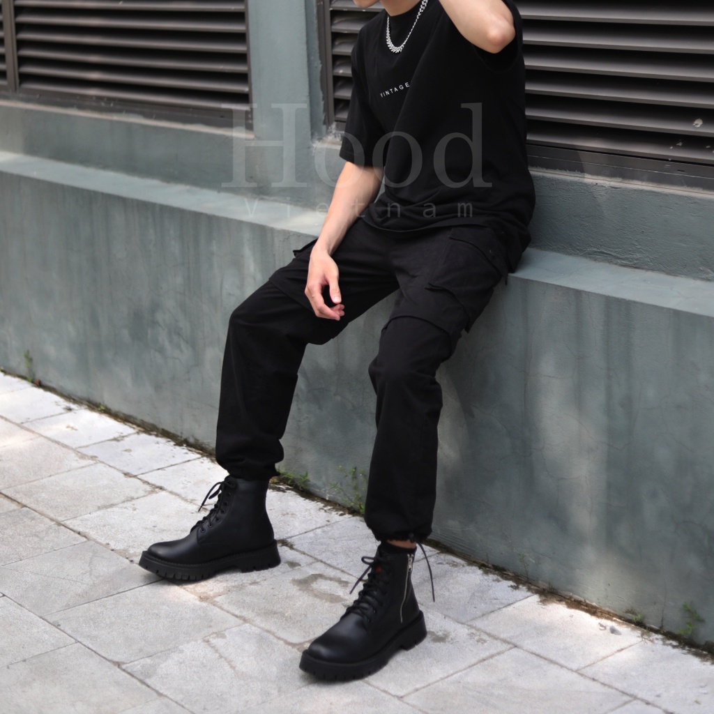 Giày Combat Boot Hood nam - Da bò nguyên tấm - Đế cao su đúc nguyên khối