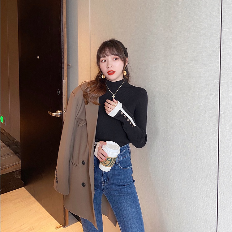 SUXI Áo len cổ cao màu sắc đơn giản cho nữ