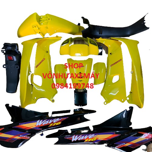 Bộ vỏ nhựa -dàn áo xe wave thái 1 bóng màu VÀNG-wave nhỏ 110-wave ZX đời 2002 đến 2006 -Full mủ trắng ABS (TẶNG TEM )